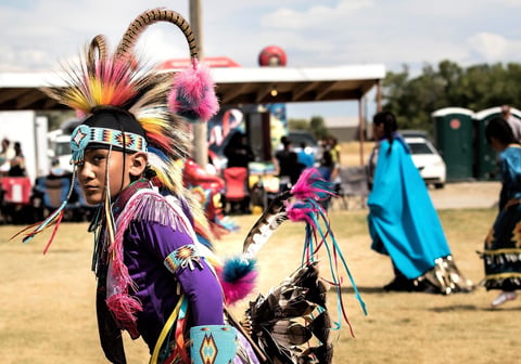 Native American powwow dancer in vibrant regalia with feathered headdress and purple outfit performing at outdoor gathering